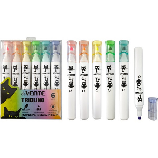 Текстмаркеры 6 цветов, неоновые, ШЛ 1-5 мм, н-к "клин", трехгранные, deVENTE Triolino_Cat Accent