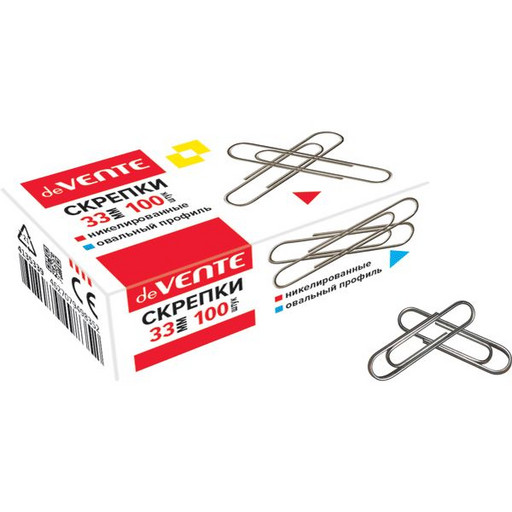 Скрепки 33 мм, никелированные, овальные, 100 шт., к/к, deVENTE