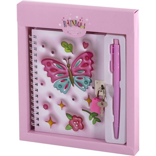 Блокнот с замочком, А6, 46 л, клетка, гребень, обл. 7БЦ, ручка + подар. упак., Alingar Бабочки_розовый