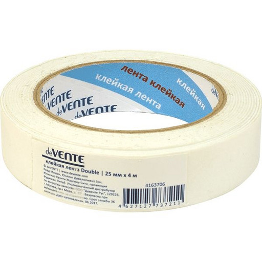 Лента клейкая 2-сторонняя, 25 мм * 4 м, 100 мкм, вспененная основа, картон. втулка, deVENTE Double