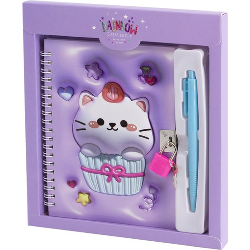 Блокнот с замочком, А6, 46 л, клетка, гребень, обл. 7БЦ, ручка + подар. упак., Alingar Котик_сиреневый