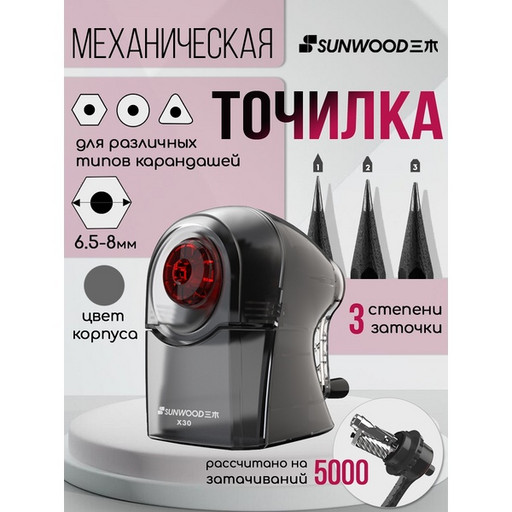 Точилка механическая SUNWOOD, 1 отв. 6-8мм, контейнер, корпус прозрачный черный