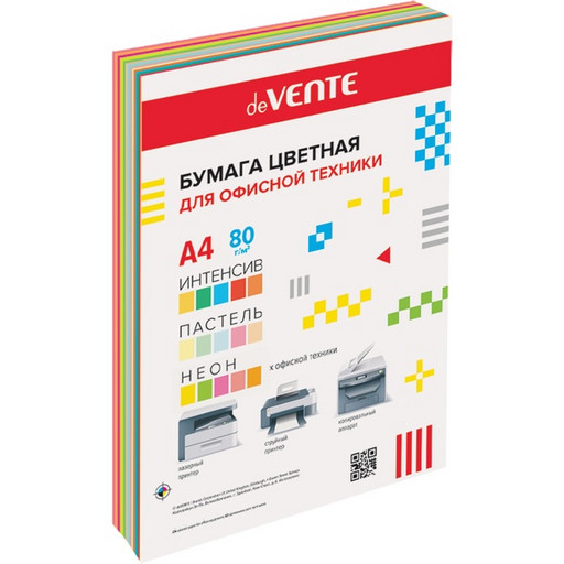 Бумага цветная А4/75-80/60 л., 5 интенсив + 5 пастельн. + 5 неон., deVENTE MIX 15 (с картон. подлож.