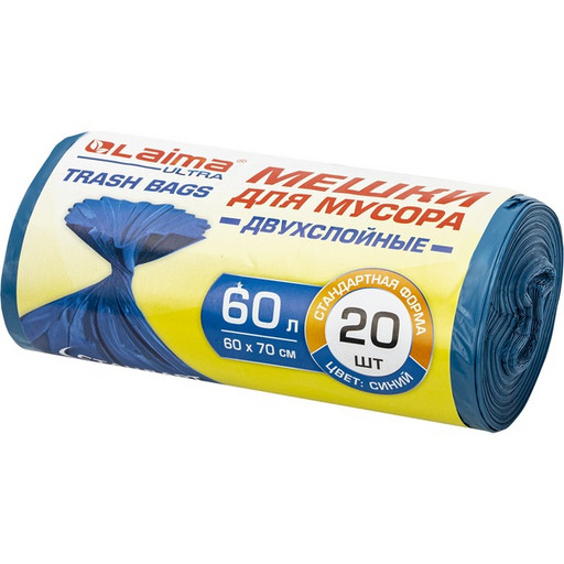 Мешки для мусора LAIMA "ULTRA" 60 л синие, в рулоне 20 шт. прочные, ПВД 21 мкм, 60х70 см