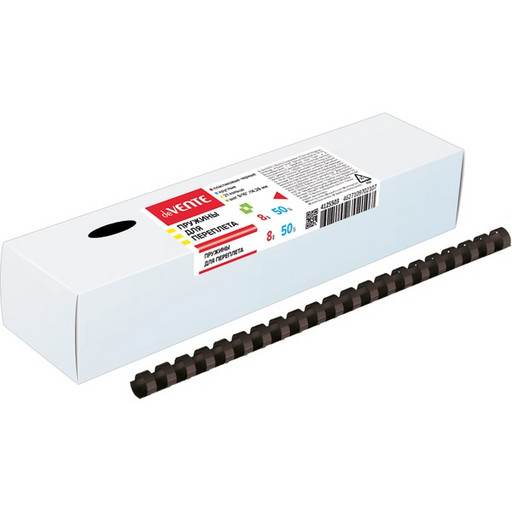 Пружина для переплета пластиковая, Ø8 мм, круглая, сшивает до 40 л., черная, 50 шт/уп, deVENTE