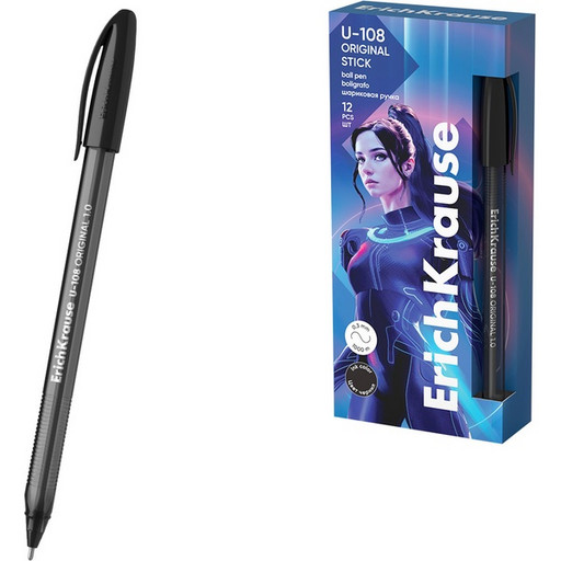 Ручка шариковая черная, 1.0 мм "игла", рифл. упор, тон. корп., ErichKrause U-108 Stick Original