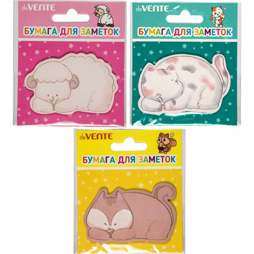 Бумага для заметок с клеевым краем, 71*46 мм, 20 л., 80 г/м², с печатью, deVENTE Lamb, Cat and Fox_3 дизайна