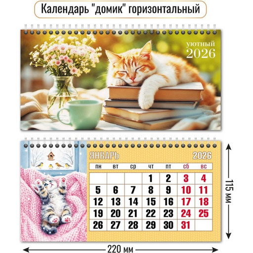 Календарь-домик 2026 г. Кот: 220*115 мм мм, перекидные листы, на гребне