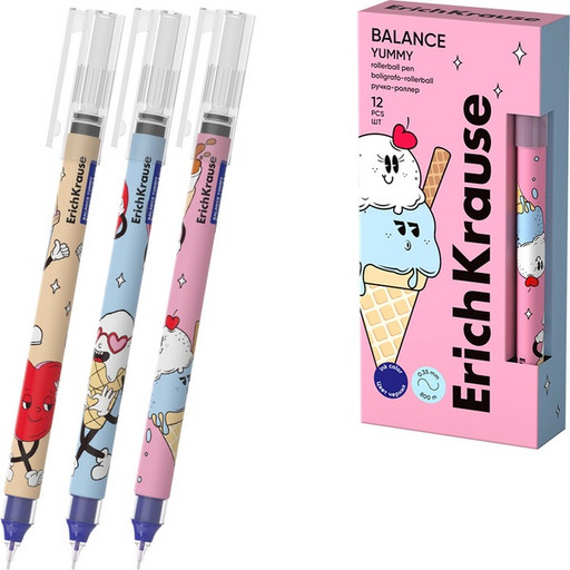 Ручка-роллер, синяя, Ø 0.5 мм "игла", лин. 0.35 мм, ДП 800 м, Free Ink, ErichKrause Balance Stick Yummy_3 дизайна