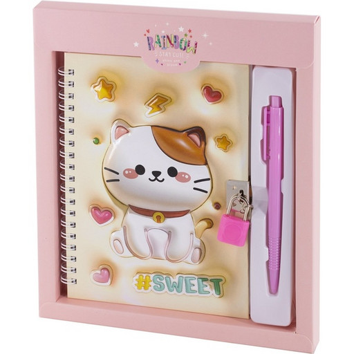 Блокнот с замочком, А6, 45 л, клетка, гребень, обл. 7БЦ, ручка + подар. упак., Alingar Котик_персикоdsq