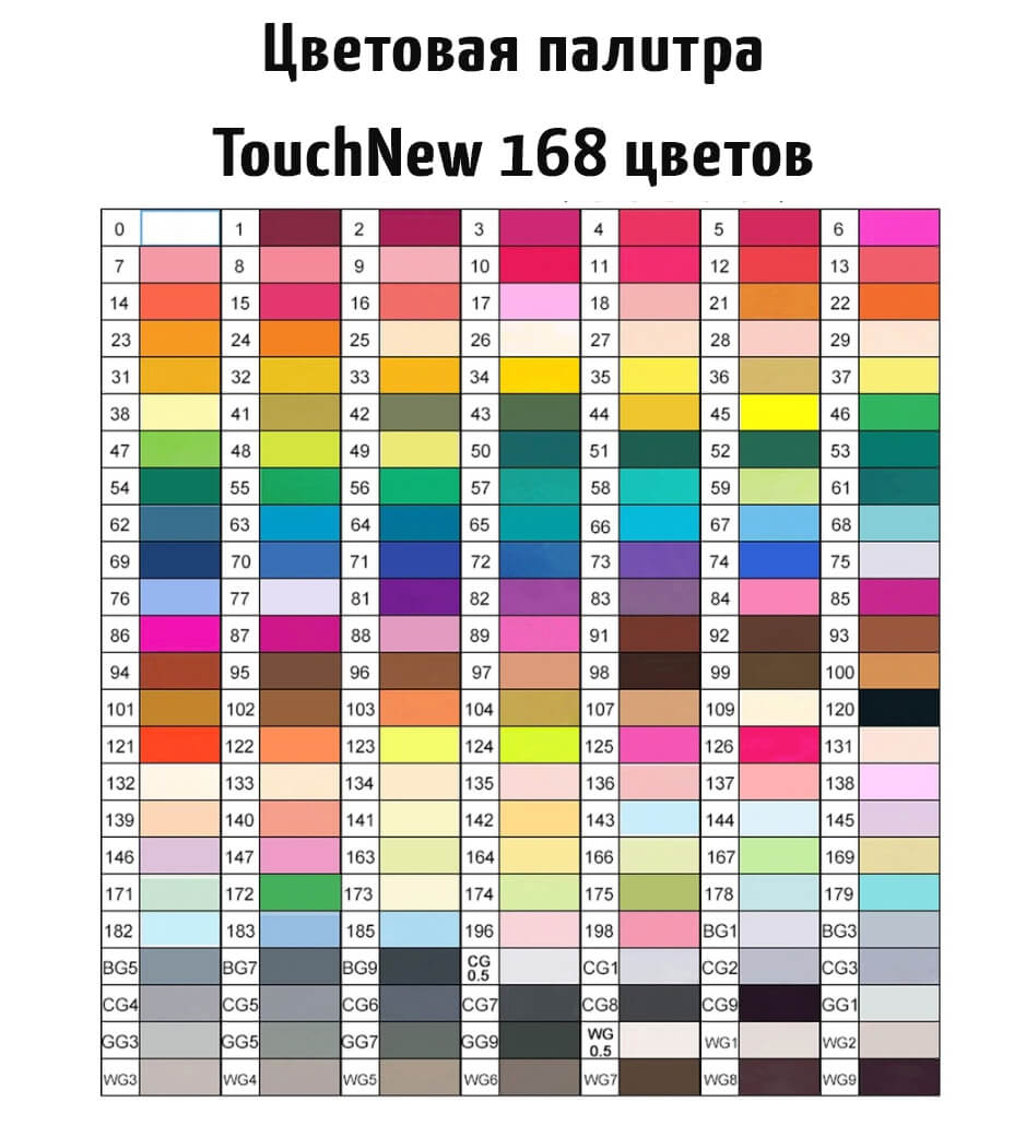 Цветовая палитра маркеров Touch New 168 в черных корпусах
