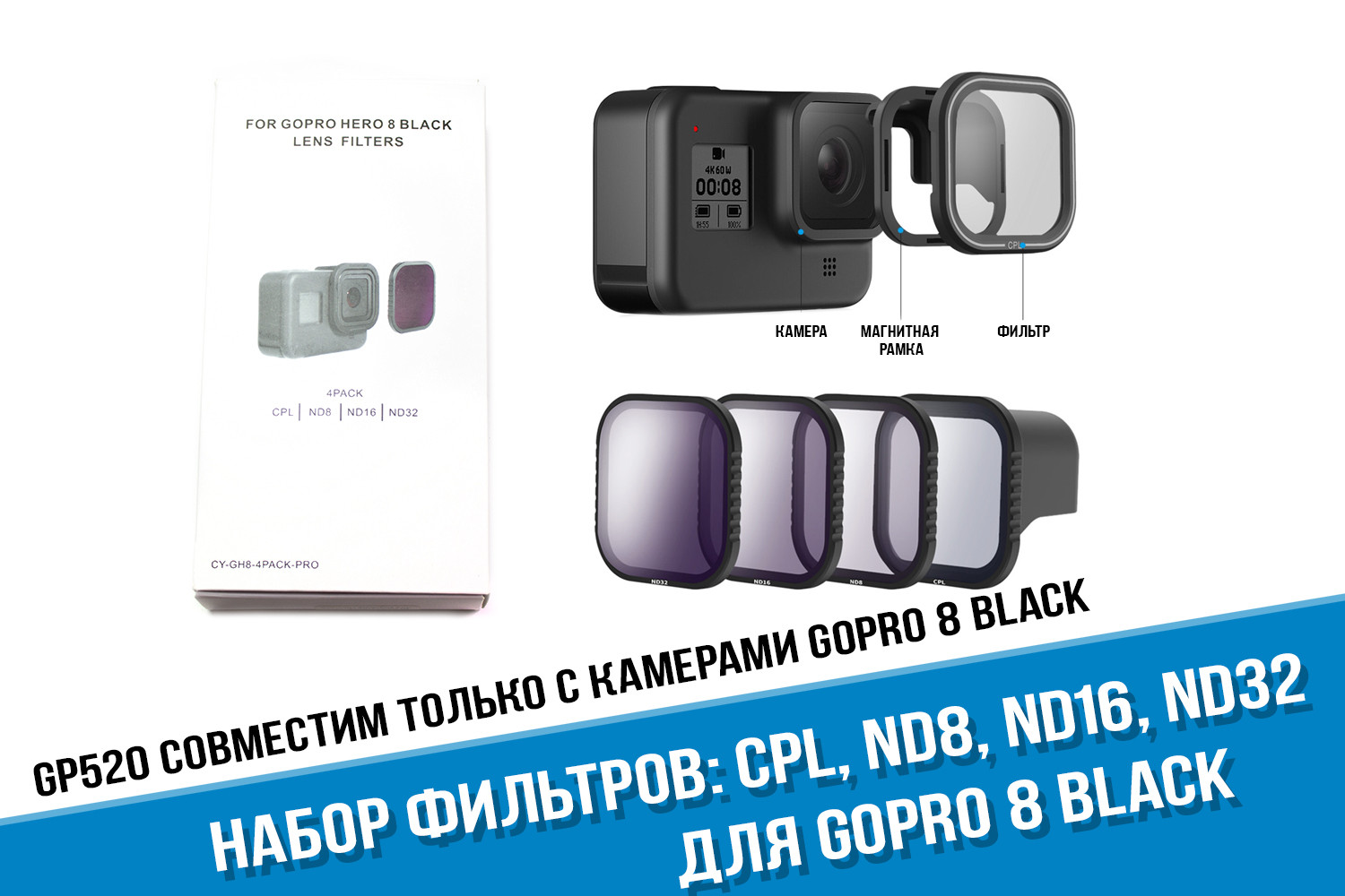 Набор фильтров CPL+ND8/ND16/ND32 для GoPro HERO 8 Black - купить в магазине  Goodgifter