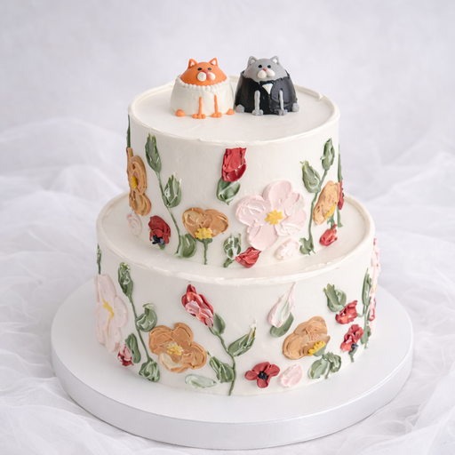 Свадебный торт "Котики на цветочной поляне"