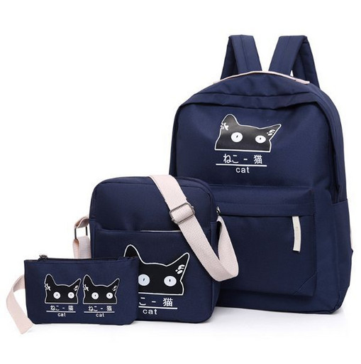 Синий Школьный рюкзак с котиком + пенал + сумочка