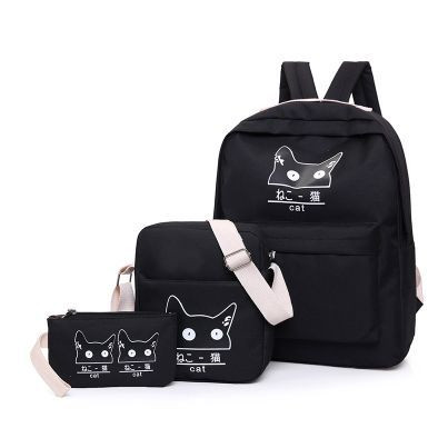 Черный рюкзак с котиком + пенал + сумочка 015