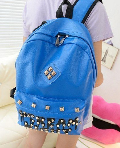Синий кожаный рюкзак  с шипами 02