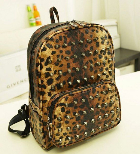 Леопардовый женский кожаный рюкзак с шипами 08