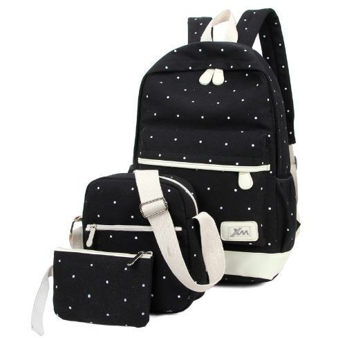 Черный Школьный рюкзак в горошек + пенал + сумка