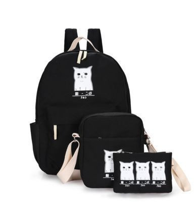 Черный рюкзак с котом + сумка + пенал 027