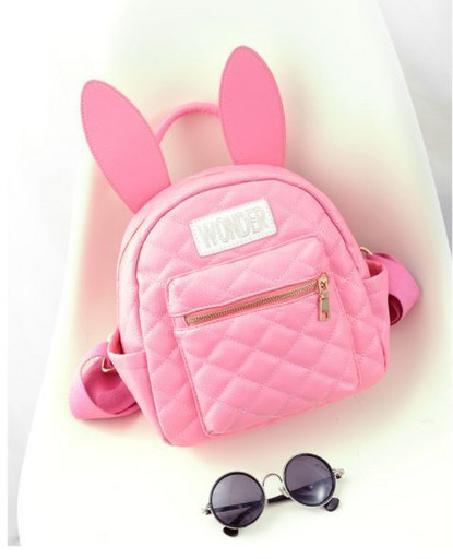 Маленький кожаный розовый рюкзак с ушками 024