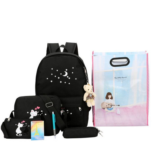 Черный рюкзак с котиками + пенал + сумка (+подарок) 018