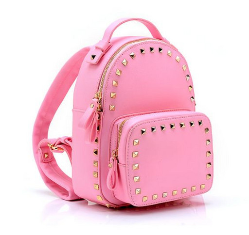 Розовый Кожаный рюкзак с шипами 017