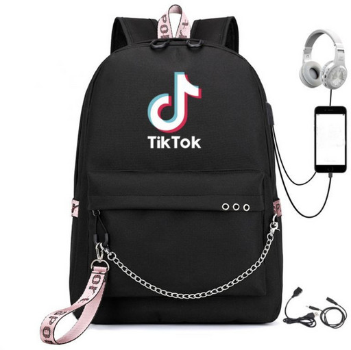 Черный Рюкзак для девочки с USB Тик Ток и цепочкой