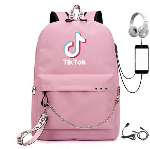 Розовый Рюкзак для девочки с USB Тик Ток и цепочкой