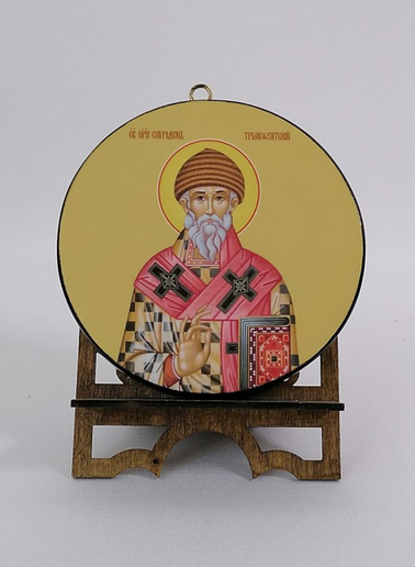 Спиридон Тримифунтский. Круглая икона на дереве. Диаметр 12 см. Толщина 1,5 см, арт К023