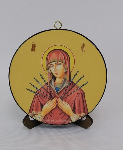 Богородица Семистрельная. Круглая икона на дереве диаметр 12 х 1,5 см, арт К003-2