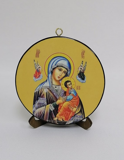 Богородица Неустанной помощи (страстная). Круглая икона на дереве. Диаметр 12 см. Толщина 1,5 см, арт К040