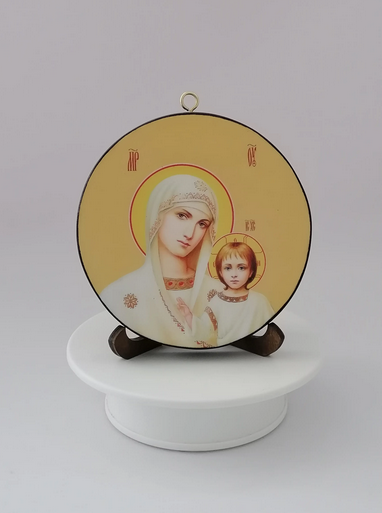 Казанская икона Божьей Матери. Круглая икона на дереве. Диаметр 12 см. Толщина 1,5 см, арт К071 Казанская икона Божьей Матери. Круглая икона на дереве. Диаметр 12 см. Толщина 1,5 см, арт К071