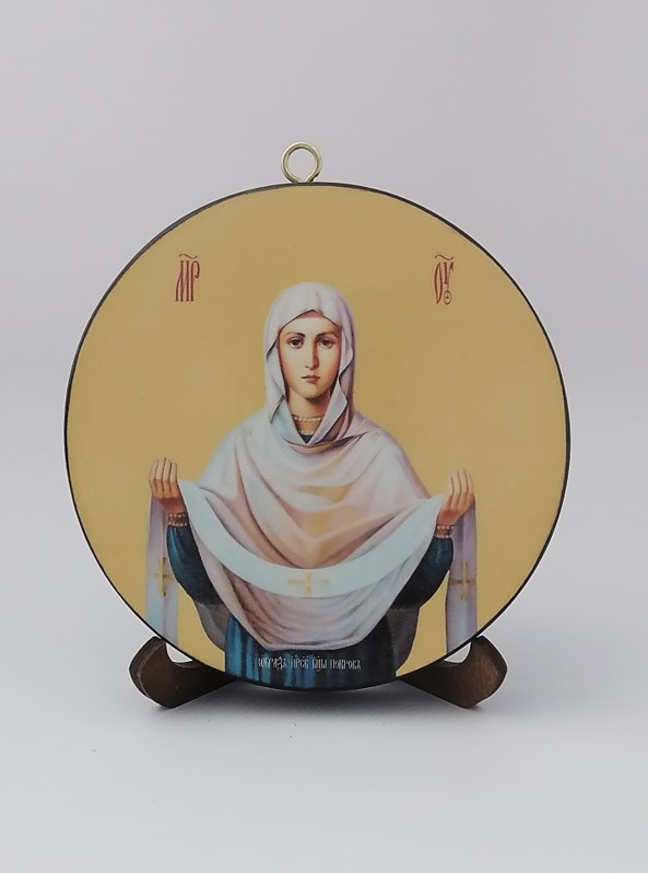 Покров Пресвятой Богородицы. Круглая икона на дереве. Диаметр 12 см. Толщина 1,5 см, арт К020