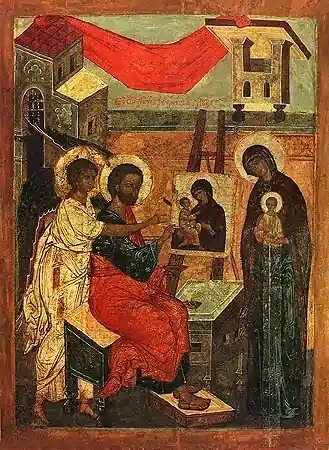 Святой Евангелист Лука, пишущий икону Пресвятой Богородицы, 12x16x3 см, арт И1488