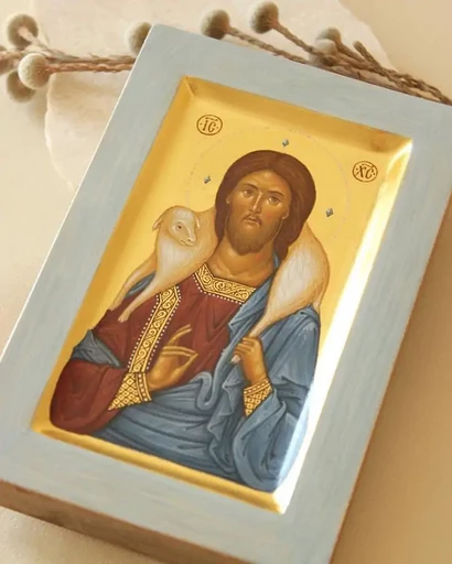 Рукописная икона "Христос Добрый Пастырь", арт Ир012
