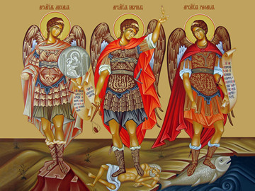 Архангелы Михаил, Гавриил и Рафаил, 30x40x4 см, арт Ид12018
