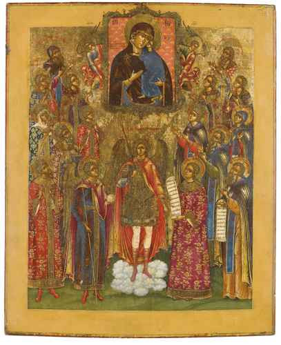 Архангел Михаил с собором святых и иконой Богоматери Толгской, ок.1800, 9x12x3 см, арт А1165 Архангел Михаил с собором святых и иконой Богоматери Толгской, ок.1800, 9x12x3 см, арт А1165