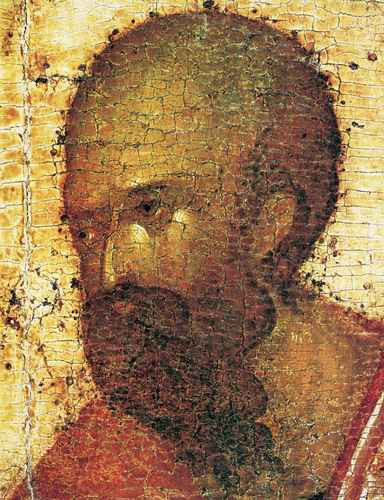 Феофан Грек (ок.1340 - ок.1410) -- Деисусный чин Благовещенского собора Московского кремля. Апостол Павел, 15x20 см, арт А336