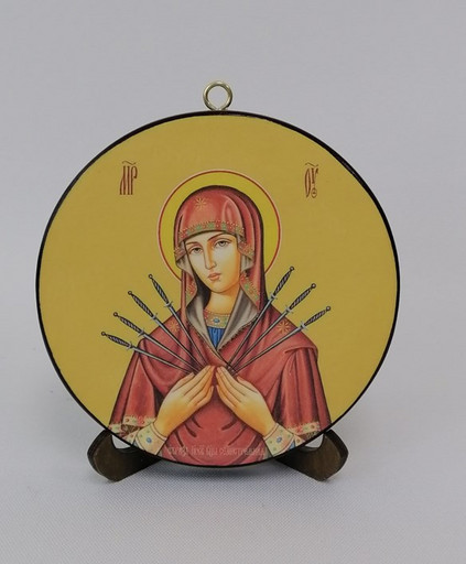 Богородица Семистрельная. Круглая икона на дереве диаметр 12 х 1,5 см, арт К003-2