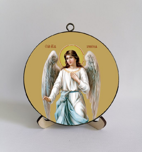 Ангел-Хранитель. Круглая икона на дереве диаметр 12 х 1,5 см, арт К008-2