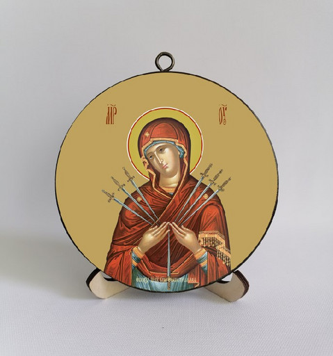 Богородица Семистрельная. Круглая икона на дереве диаметр 12 х 1,5 см, арт К003