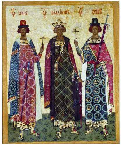 Святой равноапостольный князь Владимир с сыновьями, святыми мучениками Борисом и Глебом. XV в, 15x20 см, арт А162