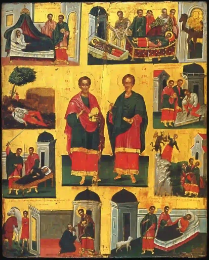 Святые Косьма и Дамиан с житием, 12x16x3 см, арт А3329