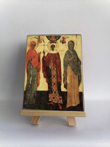 Свв. Варвара, Параскева, Иулиания. Икона. Псков. Последняя четверть XIV в, 12x16x1,8 см, арт Б0262 Свв. Варвара, Параскева, Иулиания. Икона. Псков. Последняя четверть XIV в, 12x16x1,8 см, арт Б0262