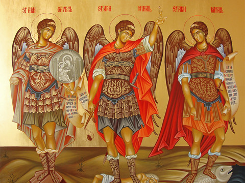 Архангелы Михаил, Гавриил и Рафаил, 30x40x4 см, арт И13869