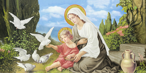 Богородица с Иисусом, голуби, 25х52 см, арт И6934