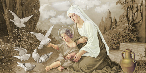 Богородица с Иисусом, голуби, 25х52 см, арт И6940
