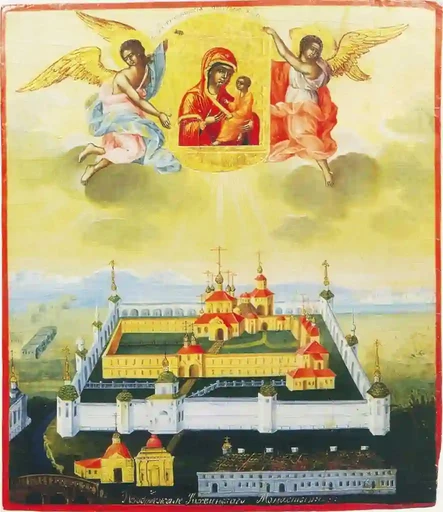Тихвинская Богоматерь, с видом Тихвинского монастыря. Начало XIX века, 15x20 см, арт А7290