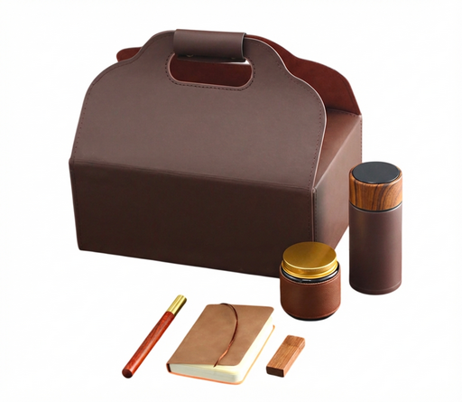 N0109 - Корпоративный подарочный набор «Деловая классика» в кожаной сумке: Термос + USB флешка + ручка + блокнот + ароматическая свеча