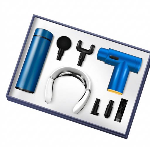 N041 - Корпоративный подарок с нанесением логотипа «Точка спокойствия»: компактные массажеры для разных групп мышц + термос